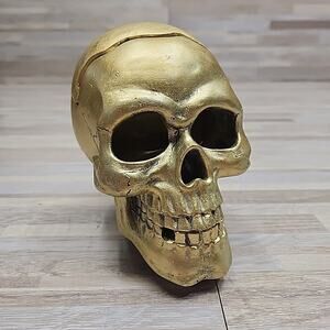 Spooky Gold Decorative Skull, Halloween Or Goth Home Decor, Plastic